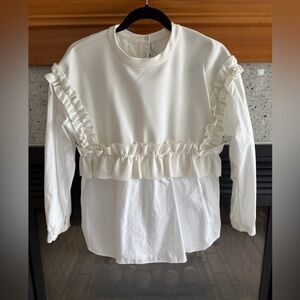 Zara Trafaluc Cream and White Top with Ruffle Shoulder